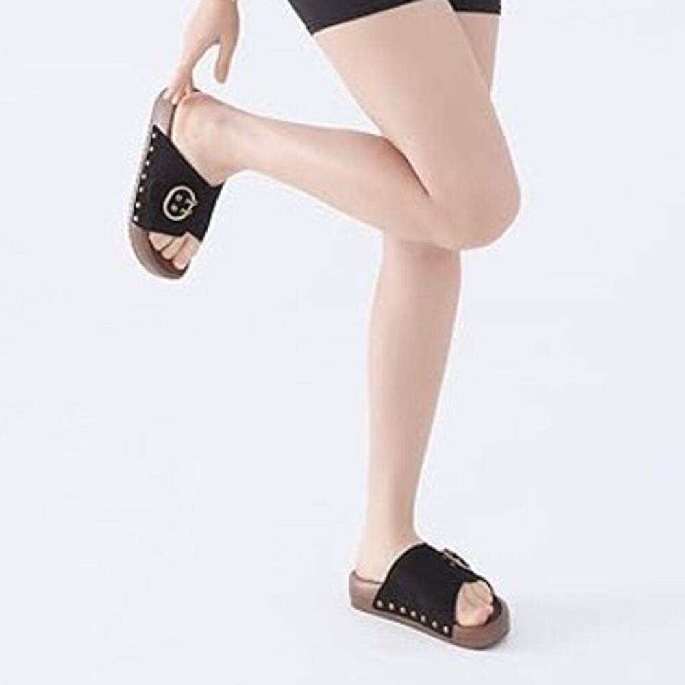 Ubfen Womens 9.5 Black Faux Suede Slide On Buckle Cushion Footbed Sandal Shoes